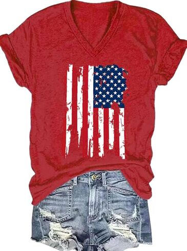 PUCKOLITY American Flag Patriotic V-Neck Shirt Women 4th of July T-Shirt USA Flag Stars Stripes Graphic Tee Tops in Saudi Arabia