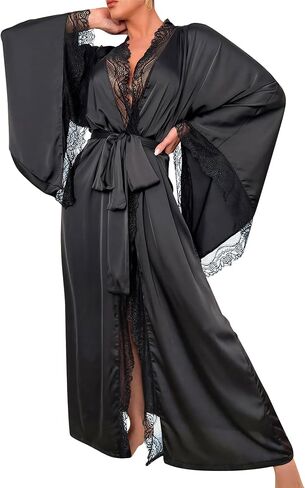Haseil Women's Long Satin Robe Silky Kimono Robe with Lace Trim Lightweight Bathrobe Sleepwear for Bridal Bridesmaid Wedding in Saudi Arabia