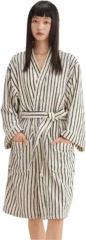 XUEMML Womens Robe 100% Cotton Luxury Stripe Bathrobe For Unisex Soft Terry Cloth Towel Robes With Pockets in Kuwait