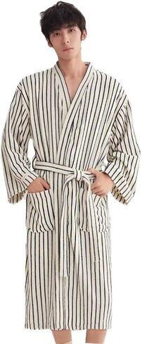XUEMML Womens Robe 100% Cotton Luxury Stripe Bathrobe For Unisex Soft Terry Cloth Towel Robes With Pockets in Saudi Arabia