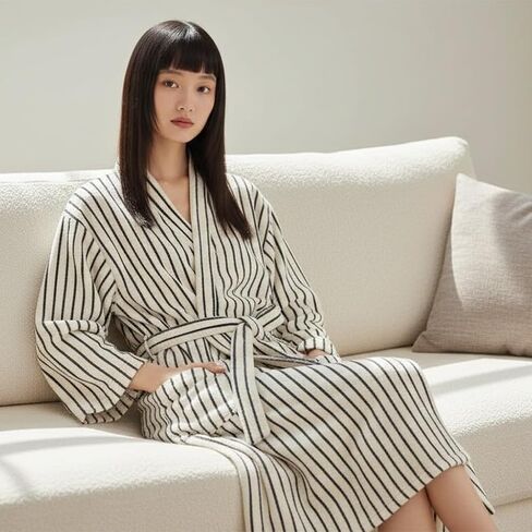XUEMML Womens Robe 100% Cotton Luxury Stripe Bathrobe For Unisex Soft Terry Cloth Towel Robes With Pockets in Saudi Arabia