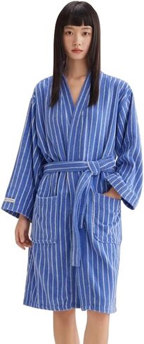 XUEMML Womens Robe 100% Cotton Luxury Stripe Bathrobe For Unisex Soft Terry Cloth Towel Robes With Pockets in Saudi Arabia