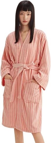 XUEMML Womens Robe 100% Cotton Luxury Stripe Bathrobe For Unisex Soft Terry Cloth Towel Robes With Pockets in Saudi Arabia