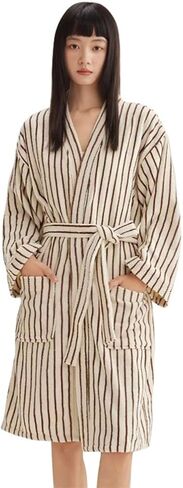 XUEMML Womens Robe 100% Cotton Luxury Stripe Bathrobe For Unisex Soft Terry Cloth Towel Robes With Pockets in Saudi Arabia