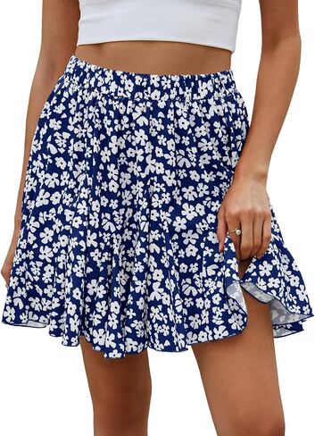 Wenrine Womens Summer Floral Mini Skirt Ruffle High Waisted Casual Flowy Boho Loose Beach A Line Skirts in Kuwait