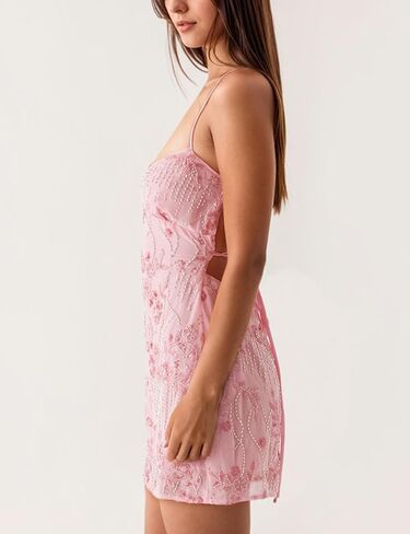 MISSACTIVER Sleeveless Sequin Dress for Women Backless Criss Cross Straps Mini Dress Sexy Sparkle Short Dresses Party Club Pink in Kuwait