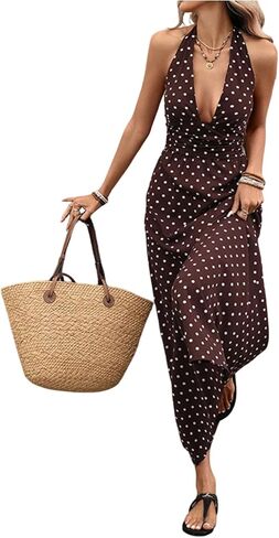 BEAUDRM Women's Polka Dots Maxi Dress Backless Halter Summer Wedding Guest Dress Deep V Summer Vacation Outfits in Kuwait