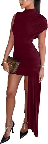 GORGLITTER Women's Asymmetrical Bodycon Mini Dresses Sexy Going Out Ruched Mock Neck Birthday Brunch Prom Dinner Dress in Saudi Arabia