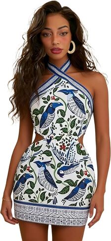 Tropical Dresses for Women Boho Mini Dress Floral Sundress - Halter Chiffon Tie Back Crisscross Sleeveless Beach in Saudi Arabia