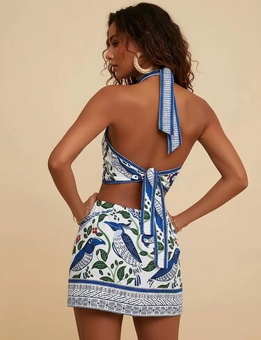 Tropical Dresses for Women Boho Mini Dress Floral Sundress - Halter Chiffon Tie Back Crisscross Sleeveless Beach in Saudi Arabia