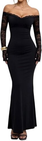 Coquette Balletcore Off Shoulder Lace Trim Maxi Dress for Women Sheer Long Sleeve Bodycon Gown for Party Date Night in Saudi Arabia