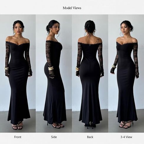 Coquette Balletcore Off Shoulder Lace Trim Maxi Dress for Women Sheer Long Sleeve Bodycon Gown for Party Date Night in Saudi Arabia