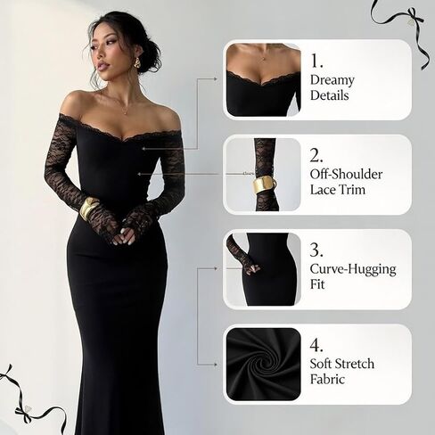 Coquette Balletcore Off Shoulder Lace Trim Maxi Dress for Women Sheer Long Sleeve Bodycon Gown for Party Date Night in Saudi Arabia