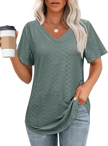 OFEEFAN Womens T Shirts V Neck Short Sleeve Casual Tops Loose Fit Basic Tees with Curved Hem in Kuwait