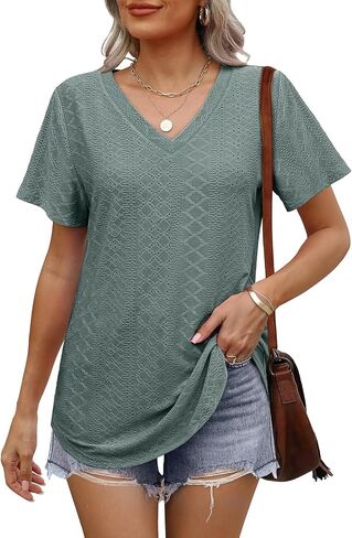 OFEEFAN Womens T Shirts V Neck Short Sleeve Casual Tops Loose Fit Basic Tees with Curved Hem in Kuwait