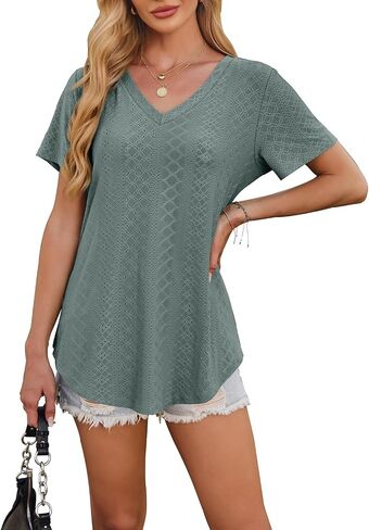 OFEEFAN Womens T Shirts V Neck Short Sleeve Casual Tops Loose Fit Basic Tees with Curved Hem in Kuwait