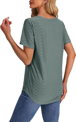 OFEEFAN Womens T Shirts V Neck Short Sleeve Casual Tops Loose Fit Basic Tees with Curved Hem in Kuwait