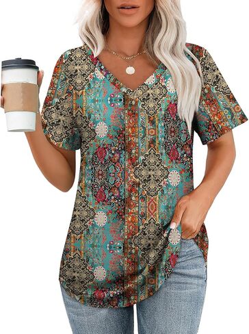 OFEEFAN Womens T Shirts V Neck Short Sleeve Casual Tops Loose Fit Basic Tees with Curved Hem in Saudi Arabia