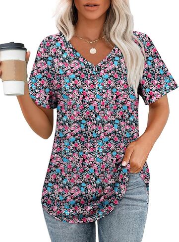 OFEEFAN Womens T Shirts V Neck Short Sleeve Casual Tops Loose Fit Basic Tees with Curved Hem in Kuwait
