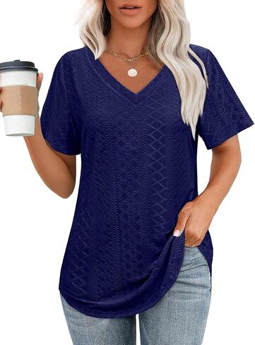 OFEEFAN Womens T Shirts V Neck Short Sleeve Casual Tops Loose Fit Basic Tees with Curved Hem in Kuwait