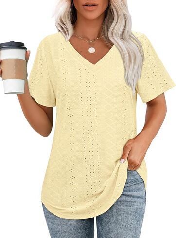 OFEEFAN Womens T Shirts V Neck Short Sleeve Casual Tops Loose Fit Basic Tees with Curved Hem in Kuwait