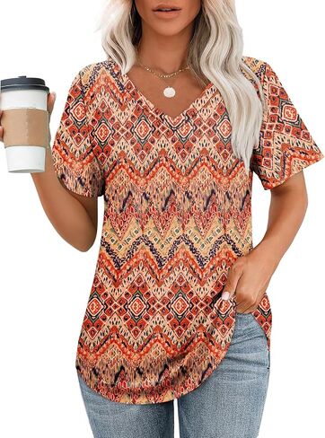 OFEEFAN Womens T Shirts V Neck Short Sleeve Casual Tops Loose Fit Basic Tees with Curved Hem in Kuwait