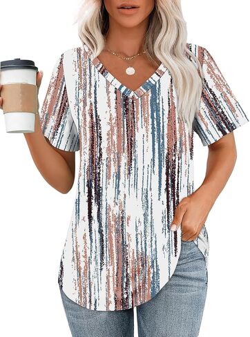 OFEEFAN Womens T Shirts V Neck Short Sleeve Casual Tops Loose Fit Basic Tees with Curved Hem in Kuwait