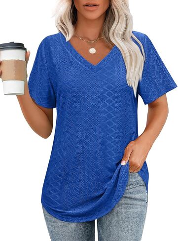OFEEFAN Womens T Shirts V Neck Short Sleeve Casual Tops Loose Fit Basic Tees with Curved Hem in Kuwait