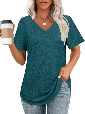 OFEEFAN Womens T Shirts V Neck Short Sleeve Casual Tops Loose Fit Basic Tees with Curved Hem in Kuwait