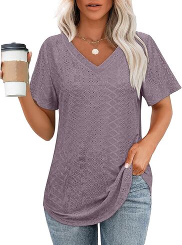 OFEEFAN Womens T Shirts V Neck Short Sleeve Casual Tops Loose Fit Basic Tees with Curved Hem in Kuwait