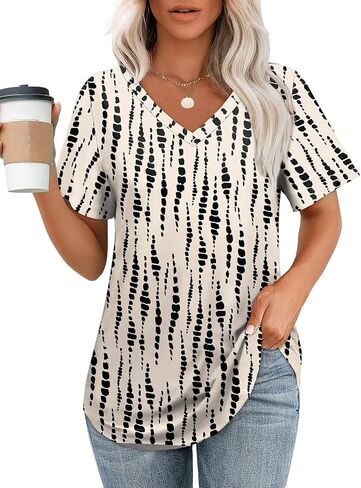 OFEEFAN Womens T Shirts V Neck Short Sleeve Casual Tops Loose Fit Basic Tees with Curved Hem in Kuwait