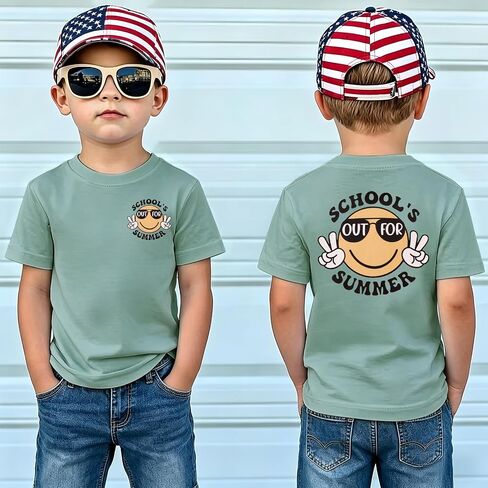 Ritatte Boys Schools Out for Summer Shirts Kids Last Day of School Summer Break T-Shirt Funny Smiley Face Graphic Tee Top in Kuwait