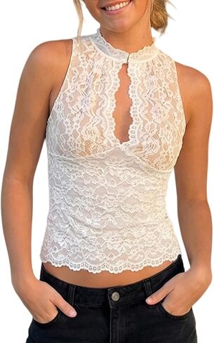 Seyumixi Womens Lace Cutout Tank Top Mock Neck Sleeveless Floral Lace Crop Tops Slim See Through Going Out Top in Saudi Arabia