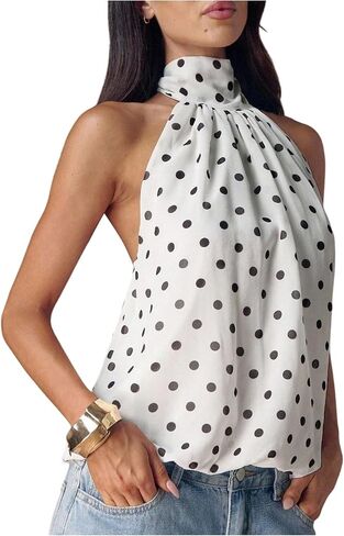 Verdusa Women's Y2K Polka Dots Halter Tops Backless Cute Peplum Tops Summer Going Out Outfits in Saudi Arabia