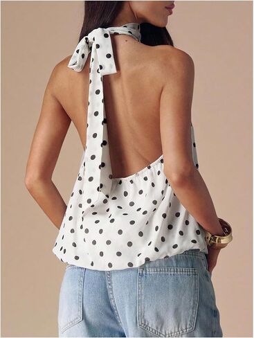 Verdusa Women's Y2K Polka Dots Halter Tops Backless Cute Peplum Tops Summer Going Out Outfits in Saudi Arabia