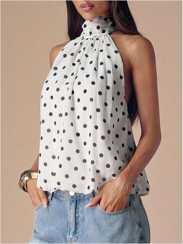 Verdusa Women's Y2K Polka Dots Halter Tops Backless Cute Peplum Tops Summer Going Out Outfits in Saudi Arabia
