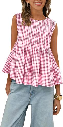 Women's Gingham Pleated Peplum Tank Tops Crew Neck Y2K Sleeveless Blouse Plaid Babydoll Tshirt in Saudi Arabia