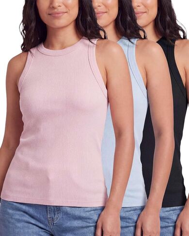 Real Essentials 3 Pack: Women's Ribbed Cotton Tank Tops Sleeveless Crew Neck Stretchy Casual Summer Spring Basic Trendy Tops in Kuwait