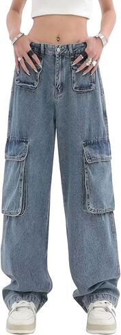 Women’s Cargo Jeans Straight Leg Denim Pants with Multi-Pocket Streetwear Denim in Saudi Arabia
