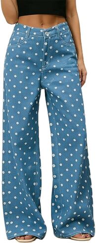 Yoawdats Women's Polka Dot Pattern Barrel Jeans Casual Wide Leg Mid Rise Denim Pants Y2K Boyfriend Cute Jeans in Kuwait