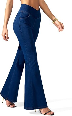 Rammus Flare Jeans for Women Crossover High Waisted Bell Bottom Jeans Trendy Yoga Pants Stretchy Flare Leggings with Pockets in Saudi Arabia