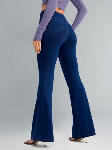 Rammus Flare Jeans for Women Crossover High Waisted Bell Bottom Jeans Trendy Yoga Pants Stretchy Flare Leggings with Pockets in Saudi Arabia