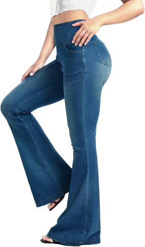 BlueRose Knit Stetchy Flare Jean for Women,Jean Leggings with Pockets High Waisted Pull on Bell Bottom Yoga Pants in Saudi Arabia