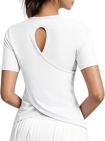 Women's Short Sleeve Athletic Shirts Open Back Workout Tops Quick Dry Loose Fit Gym Running Yoga T Shirt in Kuwait