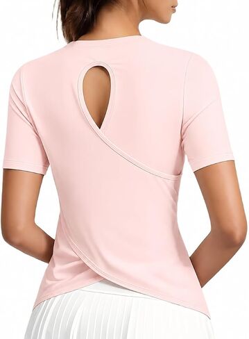Women's Short Sleeve Athletic Shirts Open Back Workout Tops Quick Dry Loose Fit Gym Running Yoga T Shirt in Kuwait