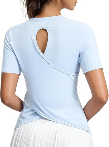Women's Short Sleeve Athletic Shirts Open Back Workout Tops Quick Dry Loose Fit Gym Running Yoga T Shirt in Kuwait