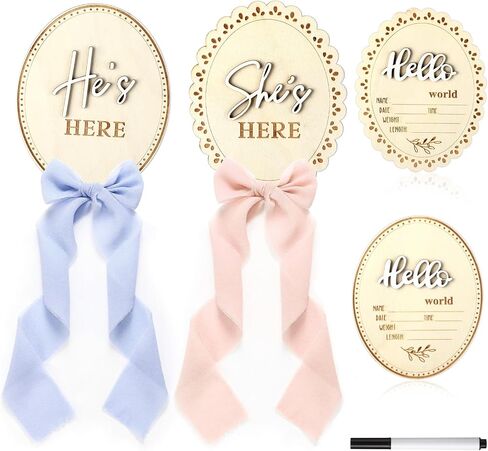 Wenqik 5 Pcs Baby Announcement Gender Reveal Sign Set​ 5.9 Inch Wooden Hello World Newborn Sign Welcome Birth Name Plaques Milestone Gifts for Girl Photo Prop Shower Boy Hospital Nursery Wall Decor in Kuwait