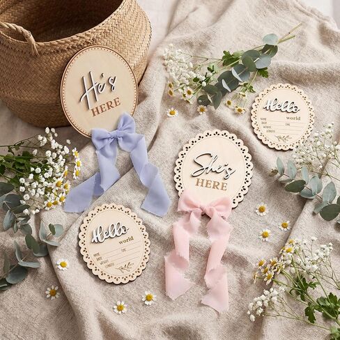 Wenqik 5 Pcs Baby Announcement Gender Reveal Sign Set​ 5.9 Inch Wooden Hello World Newborn Sign Welcome Birth Name Plaques Milestone Gifts for Girl Photo Prop Shower Boy Hospital Nursery Wall Decor in Kuwait