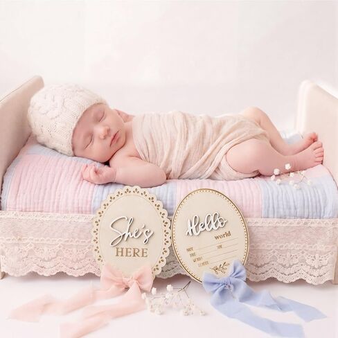 Wenqik 5 Pcs Baby Announcement Gender Reveal Sign Set​ 5.9 Inch Wooden Hello World Newborn Sign Welcome Birth Name Plaques Milestone Gifts for Girl Photo Prop Shower Boy Hospital Nursery Wall Decor in Kuwait