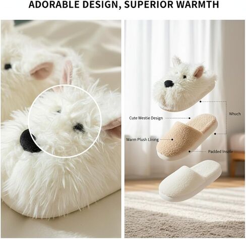 شباشب الكلاب من Fuzzy Westie Puppy للنساء، نعل سميك صديق للبشرة، فرو منفوش، موضة كاجوال للكلية، عصرية للاستخدام الداخلي والخارجي، مريحة ولطيفة Kawaii Y2k مريحة in Kuwait
